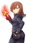  artist_request ass bodysuit breasts brown_eyes brown_hair cosplay fingerless_gloves fire frown gloves jacket k&#039; k&#039;_(cosplay) k' k'_(cosplay) king_of_fighters long_hair looking_at_viewer misaka_mikoto shiny shiny_clothes shiny_hair sideboob snk solo the_king_of_fighters to_aru_kagaku_no_railgun to_aru_majutsu_no_index transparent_background you_xi_feng 
