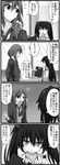  2girls 4koma :o blank_eyes blazer buttons character_request collared_shirt comic crossed_fingers flying_sweatdrops folder from_side gotoba_sora greyscale hair_ornament hair_scrunchie holding indoors innocent_red jacket jitome long_sleeves looking_back monochrome multiple_girls necktie open_mouth pointing ponytail school_uniform scrunchie shirt spoken_x sweatdrop translated twintails usami_eru walk-in watarui wing_collar 