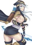  ashe_(league_of_legends) ass blue_eyes bow breasts cloak league_of_legends long_hair pencil_skirt sideboob silver_hair smile solo 