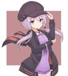  balloom_17 black_jacket blush bow buttons dress frills hand_on_headwear hat jacket long_hair looking_at_viewer low_twintails plait purple_bow purple_dress purple_eyes purple_hat red_bow silver_hair smile solo twintails vocaloid voiceroid white_hair yuzuki_yukari 