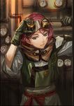  adjusting_eyewear closed_mouth gloves goggles goggles_on_head green_eyes green_gloves hands_up infukun koutetsujou_no_kabaneri light_smile looking_at_viewer red_hair short_hair solo standing train_interior unfinished_background wide_sleeves yukina_(kabaneri) 