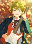  ;d akiyama_hayato autumn_leaves ginkgo green_hair idolmaster idolmaster_side-m leaf lying male_focus map_(map_imas) on_back one_eye_closed open_mouth smile solo 
