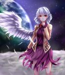  absurdres angel_wings backlighting bad_id bad_pixiv_id bow bowtie braid breasts brown_jacket dress earth feathers french_braid hand_up highres hips jacket kishin_sagume legs long_sleeves looking_at_viewer medium_breasts moon purple_dress red_eyes sheya short_dress short_hair silver_hair single_wing smile solo space standing star_(sky) thighs touhou wings 