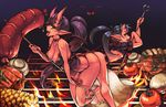  2girls ass ass-to-ass babydoll barefoot black_hair black_panties breasts cleavage corn crop_top demon_girl demon_horns demon_tail demon_wings fire food grill heart_tail_duo horns junkpuyo large_breasts long_hair looking_at_viewer microskirt multiple_girls mushroom oni oni_horns open_mouth original panties pointy_ears ponytail red_skin sausage skirt small_breasts smile steak tail tomato tongue tongue_out twintails underboob underwear very_long_hair wings yellow_eyes 