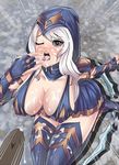  ashe_(league_of_legends) blue_eyes blush bow breasts bukkake cleavage cum cum_in_mouth heart heart-shaped_pupils hood large_breasts league_of_legends long_hair love one_eye_closed open_mouth pleated_skirt sitting solo symbol-shaped_pupils tongue tongue_out white_hair 