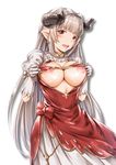  alicia_(granblue_fantasy) blush breasts draph dress earrings ganari_ryuu gloves granblue_fantasy highres horns jewelry large_breasts long_hair nipples open_mouth pointy_ears red_eyes silver_hair simple_background solo white_background white_gloves 