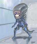  alien_(movie) blue_hair blush blush_stickers fairy_tail looking_at_viewer mashima_hiro shiny_hair signature solo wendy_marvell xenomorph xenomorph_(cosplay) 