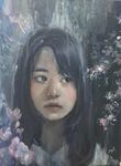  asymmetrical_bangs bangs black_eyes black_hair commentary face flower highres lips long_hair looking_to_the_side mognemu mouth nose oil_painting_(medium) original portrait solo traditional_media 
