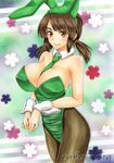  animal_ears armpits artist_name bangs bare_arms bare_shoulders between_breasts black_legwear breasts brown_eyes brown_hair bunny_ears bunny_girl bunnysuit cleavage closed_mouth collarbone cowboy_shot detached_collar eyebrows eyebrows_visible_through_hair fake_animal_ears floral_background green_hairband green_leotard green_neckwear hairband large_breasts leotard lips looking_at_viewer low_twintails marker_(medium) mori_sonou necktie necktie_between_breasts pantyhose parted_bangs short_twintails sidelocks smile solo strapless strapless_leotard suzumiya_haruhi_no_yuuutsu takecha thick_eyebrows thighs traditional_media twintails wrist_cuffs 