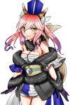  animal_ears bad_id bad_pixiv_id breasts cleavage fate/extella fate/extra fate_(series) fox_ears fox_tail highres japanese_clothes looking_at_viewer pepe_(ehsyj) pink_hair simple_background smile solo tail tamamo_(fate)_(all) tamamo_no_mae_(fate) white_background yellow_eyes 