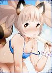  absurdres all_fours animal_ears bikini_top blush bottomless brown_eyes brown_hair collarbone dirty eating elin_(tera) flat_chest food highres long_hair mojarin_(kihara_mojarin) outdoors popsicle sexually_suggestive solo strap_slip tail tera_online twintails 