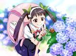  backpack bag bakemonogatari black_hair flower hachikuji_mayoi hairband hydrangea long_hair monogatari_(series) red_eyes shelty snail solo twintails 