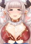  alicia_(granblue_fantasy) blush breasts cleavage cross cross_earrings cum cum_on_body cum_on_breasts cum_on_upper_body draph earrings gachou granblue_fantasy horns huge_breasts jewelry long_hair looking_at_viewer pointy_ears silver_hair smile solo 
