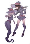  :d arutera ass back bad_id bad_pixiv_id banned_artist blush boots brown_hair eyelashes hair_over_one_eye hand_on_hip hat high_heels highres kagari_atsuko little_witch_academia long_hair multiple_girls open_mouth pale_skin purple_hair simple_background skirt skirt_lift smile staff sucy_manbavaran white_background witch witch_hat 