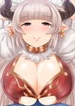  alicia_(granblue_fantasy) blush breasts cleavage cross cross_earrings draph earrings gachou granblue_fantasy horns huge_breasts jewelry long_hair looking_at_viewer pointy_ears silver_hair smile solo 