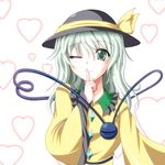  commentary_request dress extra_eyes finger_to_mouth green_collar green_eyes green_hair hat hat_ribbon heart heart-shaped_pupils heart_background heart_of_string komeiji_koishi long_sleeves looking_at_viewer one_eye_closed ribbon smile solo suzuki_sakura symbol-shaped_pupils third_eye touhou wide_sleeves 
