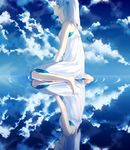  achiki barefoot blue_eyes blue_sky cloud day dress hair_ornament long_hair original parted_lips profile reflection ripples salar_de_uyuni salt_flats shade sitting sky sleeveless sleeveless_dress soles solo tears triangle wariza water 