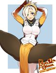  agawa_ryou blonde_hair blue_eyes breasts cameltoe commentary large_breasts lips long_hair looking_at_viewer mercy_(overwatch) overwatch pantyhose pole_dancing smile solo spread_legs staff stripper_pole thick_thighs thighs 