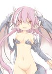  blush bottomless breasts collarbone cowboy_shot dragon_girl fang female head_fins horns long_hair looking_at_viewer monster_girl multicolored_hair navel naya open_mouth pink_hair pussy short_hair_with_long_locks simple_background small_breasts smile solo tail uncensored white_background wings 