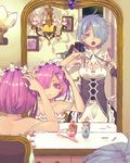  absurdres bare_shoulders bazico blue_eyes blue_hair chair chandelier comb commentary_request dressing frills hair_ornament hair_over_one_eye hair_ribbon highres maid messy_hair mirror multiple_girls no_headwear open_mouth painting_(object) pink_eyes pink_hair ram_(re:zero) re:zero_kara_hajimeru_isekai_seikatsu reflection rem_(re:zero) ribbon roswaal_l._mathers short_hair siblings sisters strap_slip tears twins tying waking_up x_hair_ornament yawning 