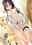  apron apron_tug ass_visible_through_thighs bangs black_eyes black_hair blonde_hair blush bow choker dutch_angle embarrassed fang hair_bow highres ir:is_indirect_ruler:_infinite_seizor ladle leg_garter long_hair multiple_girls naked_apron outstretched_arm outstretched_hand pajamas parted_bangs scan shirow_(crazy) shorts sweat very_long_hair yellow_eyes 