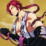  holding holding_weapon japanese_clothes light_smile looking_at_viewer male_focus muscle nipples pink_hair pom_pom_(clothes) ponytail ribbon shima_deadstock smile solo tonbokiri_(touken_ranbu) touken_ranbu upper_body weapon 