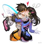  artstation_sample ass black_hair blush bodysuit breasts cropped_jacket cropped_legs d.va_(overwatch) disarming facepaint facial_mark goggles gun handgun headphones heart highres image_sample kiss long_hair multiple_girls orange_bodysuit overwatch pistol short_hair simple_background small_breasts sohn_woohyoung surprise_kiss surprised tracer_(overwatch) weapon whisker_markings white_background wrist_grab yuri 