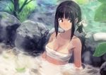  absurdres bathing black_hair breasts cleavage highres light_smile looking_to_the_side medium_breasts okuto onsen original rock sarashi solo steam tan tanline upper_body water 