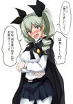  anchovy anzio_school_uniform belt black_neckwear black_skirt blush breast_hold breasts cape commentary_request contrapposto cowboy_shot drill_hair emblem girls_und_panzer green_hair hair_ribbon large_breasts long_hair long_sleeves looking_at_viewer miniskirt necktie nose_blush open_mouth pantyhose pleated_skirt poshi_(ginmokusei) red_eyes ribbon school_uniform shirt skirt solo standing translation_request tsurime twin_drills twintails white_legwear white_shirt 