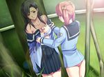  against_tree breasts circle_hitori cleavage empty_eyes female game_cg highres mind_control multiple_girls school_uniform soushinjutsu_3 standing tree undressing yuri 