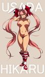 animal_ears arm_behind_back bajima_shouhei bow breasts bunny_ears character_name di_gi_charat dice dice_hair_ornament grey_background hair_bow hair_ornament highres inverted_nipples large_breasts long_hair looking_at_viewer md5_mismatch nipples nude one_eye_closed pink_hair pubic_hair red_eyes solo standing twintails usada_hikaru very_long_hair 