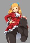  black_gloves black_legwear blonde_hair cameltoe diabolic-mario feet fingerless_gloves frills gloves hair_pulled_back highres kanzuki_karin long_sleeves miniskirt pantyhose petticoat skirt skirt_set solo street_fighter street_fighter_v street_fighter_zero_(series) upskirt yellow_eyes 