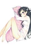  akunaki_yoku_no_hiseki bangs bare_legs barefoot between_legs black_hair blue_eyes blush dress_shirt from_side hair_ornament highres long_hair looking_at_viewer naked_shirt official_art parted_bangs peragura pillow pillow_hug scan shirt simple_background solo urushi_ishiki white_background 