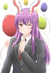  ;o animal_ears balloon blazer blush bunny_ears commentary happy_birthday highres index_finger_raised jacket long_hair long_sleeves looking_at_viewer necktie one_eye_closed purple_hair red_eyes red_neckwear reisen_udongein_inaba shirt sidelocks solo touhou ucukrtz upper_body white_shirt 