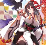  album_cover bare_shoulders bird black_hair black_legwear breasts cover crow detached_sleeves feathered_wings hat large_breasts mask one_eye_closed rondo_umigame shameimaru_aya smile solo tengu_mask thighhighs tokin_hat touhou wings zettai_ryouiki 