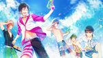  akiyama_hayato asymmetrical_clothes black_hair closed_eyes cloud cloudy_sky confetti day fuyumi_jun glasses green_hair high_x_joker hood idolmaster idolmaster_side-m iseya_shiki male_focus male_swimwear map_(map_imas) multiple_boys navel one_eye_closed open_mouth orange_hair pink-framed_eyewear sakaki_natsuki shirtless silver_hair sky sleeveless smile squatting sweatband swim_trunks swimwear towel towel_on_head wakazato_haruna water water_gun 