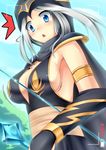  ashe_(league_of_legends) blue_eyes blush bow breasts camera cleavage cloak hood large_breasts league_of_legends long_hair open_mouth sideboob silver_hair solo surprise 