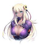  artist_request blonde_hair bodysuit breasts center_opening covered_nipples dark_skin flipped_hair green_eyes hair_ornament large_breasts lips long_hair nitroplus olga_(tokyo_necro) signature simple_background smile solo tokyo_necro upper_body white_background 