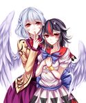  absurdres angel_wings bad_id bad_pixiv_id black_hair bow bracelet braid breasts brown_jacket cowboy_shot dress finger_to_mouth flat_chest french_braid hands_up highres horns jacket jewelry kijin_seija kishin_sagume light_smile multicolored_hair multiple_girls purple_dress red_eyes red_hair ribbon-trimmed_collar ribbon_trim sheya short_dress short_hair short_sleeves silver_hair simple_background streaked_hair touhou white_background white_dress white_hair wings 