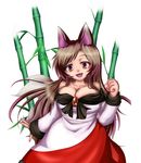  absurdres animal_ears bamboo bamboo_forest breasts brooch brown_hair cleavage collarbone dress forest highres imaizumi_kagerou jewelry large_breasts long_sleeves looking_at_viewer nail_polish nature open_mouth red_eyes red_nails simple_background solo tail touhou white_background wide_sleeves wolf_ears wolf_tail yukise_mikono 