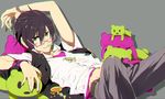  adonis_belt arm_up belly_peek black_hair candy chromatic_aberration food glasses green_eyes grey_background idolmaster idolmaster_side-m iseya_shiki kumacchi_(idolmaster) looking_at_viewer male_focus map_(map_imas) navel one_eye_closed pink-framed_eyewear simple_background smile smirk solo stuffed_animal stuffed_toy teddy_bear 