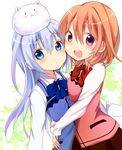  :d amedamacon angora_rabbit animal animal_on_head arched_back blue_eyes blue_hair blue_ribbon blue_vest bunny bunny_on_head eyebrows_visible_through_hair gochuumon_wa_usagi_desu_ka? hoto_cocoa hug kafuu_chino long_hair long_sleeves looking_at_viewer medium_hair multiple_girls no_hair_ornament on_head open_mouth orange_hair pink_vest purple_eyes rabbit_house_uniform red_ribbon ribbon shirt smile tippy_(gochiusa) upper_body vest waist_hug white_shirt 