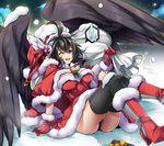  ;d ahoge arm_at_side belt black_hair black_legwear black_panties black_wings bobblehat boots box breasts capelet cleavage cleavage_cutout dress eln_(sennen_sensou_aigis) eyebrows eyebrows_visible_through_hair fur-trimmed_boots fur_boots fur_trim gift gift_box gloves hat high_heel_boots high_heels holding knee_boots large_breasts looking_at_viewer messy_hair one_eye_closed open_mouth panties pantyshot pantyshot_(sitting) red_dress red_footwear red_gloves red_hat ribbon round_teeth sack santa_costume santa_gloves santa_hat sennen_sensou_aigis short_hair signature sitting smile snow snowing solo speech_bubble spoken_sweatdrop sweatdrop takatsuki_ichi teeth thighhighs underwear white_wing winged_hat wings winter yellow_ribbon 