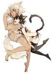  animal_ears bare_legs barefoot bell bell_choker black_bra black_hair black_legwear black_panties blush bra breasts cat_ears cat_lingerie cat_tail choker cleavage_cutout dark_skin fang full_body green_eyes hair_between_eyes hand_on_another's_shoulder inzup jingle_bell leg_garter meme_attire multiple_girls navel open_mouth original panties paw_print short_hair side-tie_panties silver_hair simple_background small_breasts string_panties tail thighhighs underwear underwear_only white_background white_bra white_panties yellow_eyes 