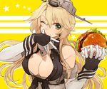  ;q ahoge bare_shoulders blonde_hair breasts cleavage fingerless_gloves food gloves hamburger headgear hita_(hitapita) holding iowa_(kantai_collection) kantai_collection large_breasts licking long_hair looking_at_viewer one_eye_closed solo star star-shaped_pupils symbol-shaped_pupils tongue tongue_out upper_body wrist_cuffs yellow_background 