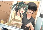 1girl :o alternate_costume artist_name black_hair book bookshelf casual chest_of_drawers collarbone commentary contemporary door drawer drink eraser eyebrows eyebrows_visible_through_hair glass green_eyes green_hair hair_over_eyes hair_ribbon hair_tousle hashtag hino_(2nd_life) indoors kantai_collection liquid long_sleeves number open_book paper pointing_finger ribbon shaded_face short_hair studying sweater table twintails v-shaped_eyebrows white_ribbon zuikaku_(kantai_collection) 