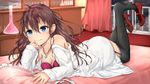  asagi_koko blue_eyes brown_hair erlenmeyer_flask garter_straps highres ichinose_shiki idolmaster idolmaster_cinderella_girls labcoat long_hair looking_at_viewer lying on_stomach shoe_dangle smile solo test_tube test_tube_rack thighhighs 