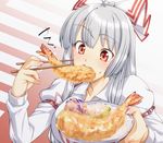  bangs bow bowl chopsticks eating ebido eyebrows eyebrows_visible_through_hair food fujiwara_no_mokou hair_bow juliet_sleeves long_hair long_sleeves looking_at_viewer puffy_sleeves red_eyes rice shirt silver_hair simple_background solo teeth tempura touhou upper_body white_shirt 