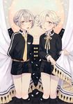  confetti cropped_legs curtains gokotai green_eyes hair_over_one_eye hotarumaru makoto_(roketto-massyumaro) male_focus multiple_boys necktie open_mouth ribbon shorts star touken_ranbu white_hair yellow_eyes 