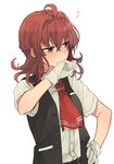  ahoge arashi_(kantai_collection) arm_up ascot black_vest blush buttons closed_mouth expressionless eyebrows eyebrows_visible_through_hair gloves grey_eyes hair_between_eyes hand_on_hip hita_(hitapita) kantai_collection looking_away looking_to_the_side red_hair red_neckwear shirt short_hair short_sleeves simple_background solo squiggle unbuttoned vest white_background white_gloves white_shirt wing_collar 